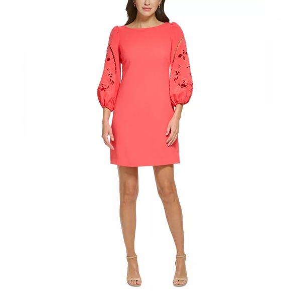 Vince Camuto Dresses & Skirts - NWT Vince Camuto coral/red Eyelet Sleeve Shift Dress Puff Sleeve Mini ~ Size 2